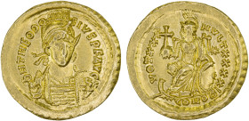 ROMAN EMPIRE: Theodosius II, 402-450 AD, AV solidus (4.48g), Constantinople, 430-440, S-21158, diademed, helmeted and cuirassed bust, holding spear an...