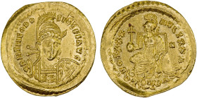 ROMAN EMPIRE: Theodosius II, 402-450 AD, AV solidus (4.45g), Constantinople, 430-440, S-21158, diademed, helmeted and cuirassed bust, holding spear an...
