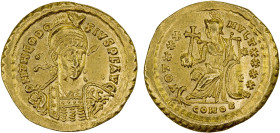 ROMAN EMPIRE: Theodosius II, 402-450 AD, AV solidus (4.42g), Constantinople, 430-440, S-21158, diademed, helmeted and cuirassed bust, holding spear an...