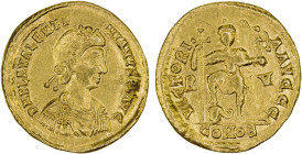 ROMAN EMPIRE: Valentinian III, 425-455 AD, AV solidus (4.39g), Ravenna, S-21265, D N PLA VALENTINIANVS P F AVG, diademed, draped, and cuirassed bust r...