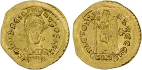 ROMAN EMPIRE: Marcian, 450-457 AD, AV solidus (4.43g), Constantinople, S-21379, D N MARCIANVS P F AVG, helmeted and cuirassed bust, holding spear and ...