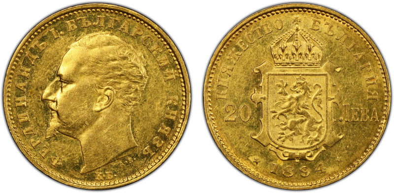 BULGARIA: Ferdinand I, 1887-1908, AV 20 leva, 1894-KB, one-year type, PCGS grade...