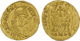 ROMAN EMPIRE: Anthemius, 467-472 AD, AV solidus (4.39g), Ravenna, S-21615, D N ANTHEMIVS P F AG, helmeted and draped bust, holding spear over his righ...