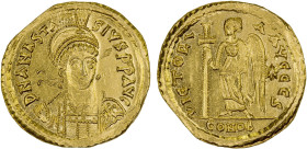 BYZANTINE EMPIRE: Anastasius I, 491-518, AV solidus (4.44g), Constantinople, S-3, helmeted and cuirassed bust, facing slightly to the right, holding s...