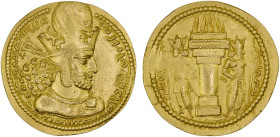SASANIAN KINGDOM: Shahpur I, 241-272, AV dinar (7.23g), G-21, type IIc/1b, diademed bust of Shahpur right, wearing mural crown with korymbos, three pe...