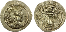 HEPHTHALITE: Anonymous, ca. 486-490+, AR drachm (4.27g), G-, derived from Göbl-176 of Peroz, with normal winged crown of Peroz, Pahlavi "M" left and s...