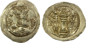 HEPHTHALITE: Anonymous, ca. 486-490+, AR drachm (4.16g), G-, derived from Göbl-176 of Peroz, with normal winged crown of Peroz, Pahlavi "M" left and s...