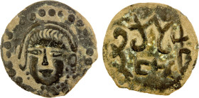 FERGHANA: Anonymous Khagans, 7th/8th century, AE cash (2.73g), Smirnova-1435, Zeno-16987, facing portrait // tamgha on center, Sogdian PRN ("glory") t...