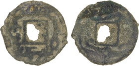 SAMARKAND: Mastich-Unash, ca. 698-700, AE cash (3.02g), Smirnova-168/190, Sogdian legend around square hole // Samarkand Y-shaped tamgha and triskeles...