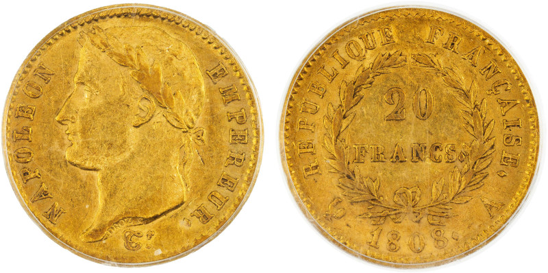 FRANCE: Napoleon I, Emperor, 1804-1814, AV 20 francs, 1808-A, Fr-499, KM-687.1.,...