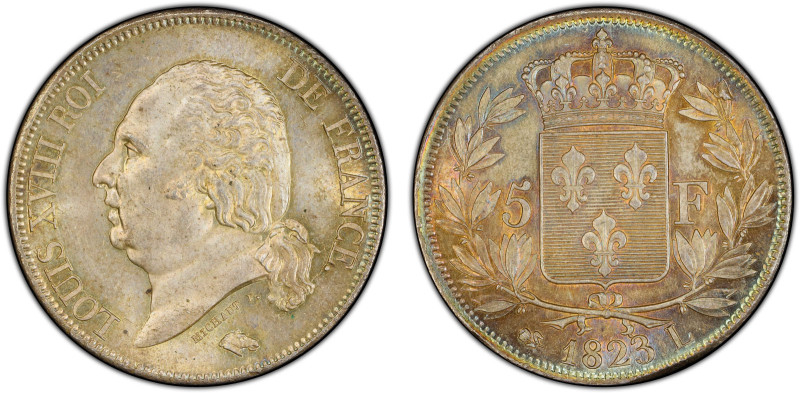 FRANCE: Louis XVIII, 1814-1824, AR 5 francs, 1823-L, KM-711.8, F-309, Gad-614, a...