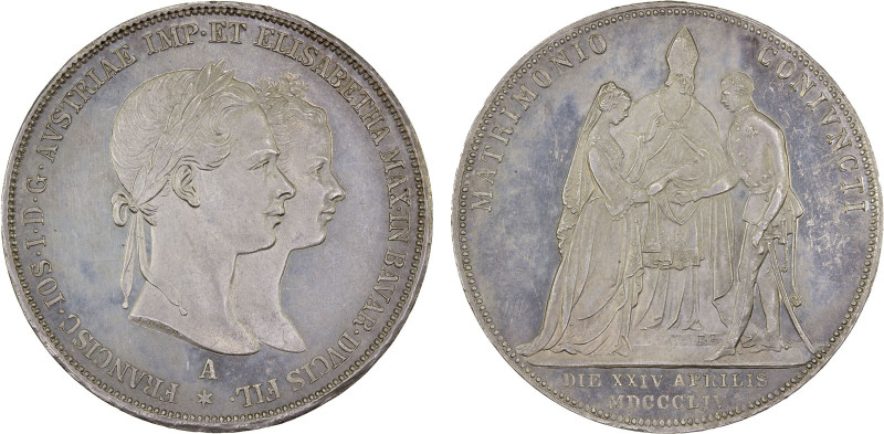 AUSTRIA: Franz Josef I, 1848-1916, AR 2 gulden, 1854-A, Bruce-XM3, Wedding of Em...