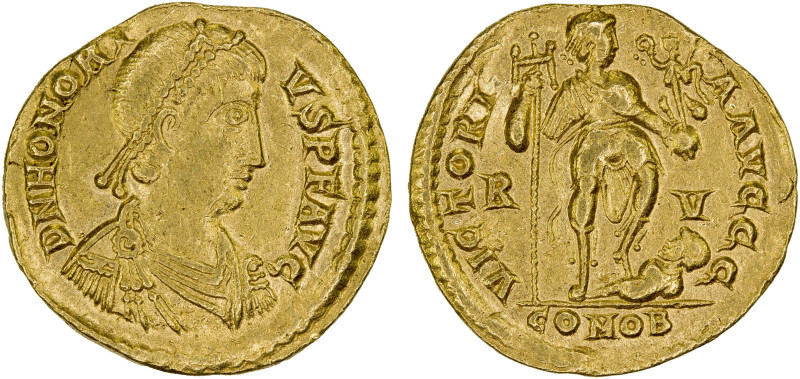 ROMAN EMPIRE: Honorius, 393-423 AD, AV solidus (4.47g), Ravenna, S-20920, diadem...