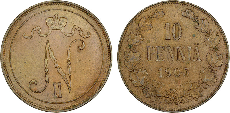 FINLAND: Nicholas II, Grand Duke, 1894-1917, AE 10 penniä, 1905, KM-14, Y-15, so...