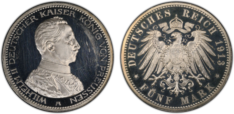 PRUSSIA: Wilhelm II, 1888-1918, AR 5 mark, 1913-A, KM-536, J-114, an attractive ...