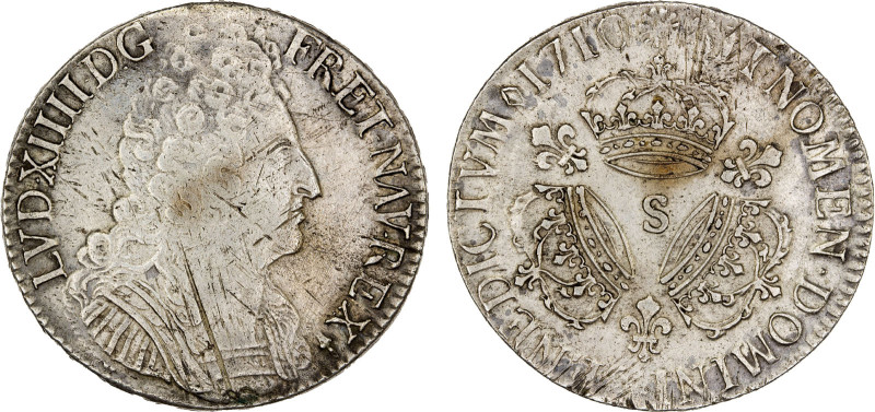 FRANCE: Louis XIV, 1643-1715, AR écu de trois couronnes, Reims, 1710-S, KM-386.1...