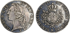 FRANCE: Louis XV, 1715-1774, AR ecu, Rennes, 1755-9, KM-512.27, Gadoury-322, light adjustment marks on reverse, interesting die crack through portrait...