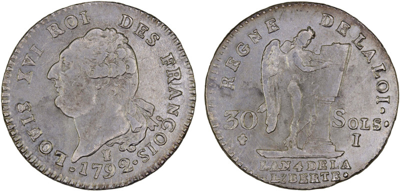 FRANCE: First Republic, AR 30 sols, 1792-I, KM-606.7, Gadoury-39, lightly cleane...