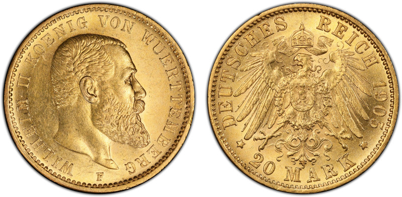 WÜRTTEMBERG: Wilhelm II, 1891-1918, AV 20 mark, 1905-F, Jaeger-296, two-year typ...