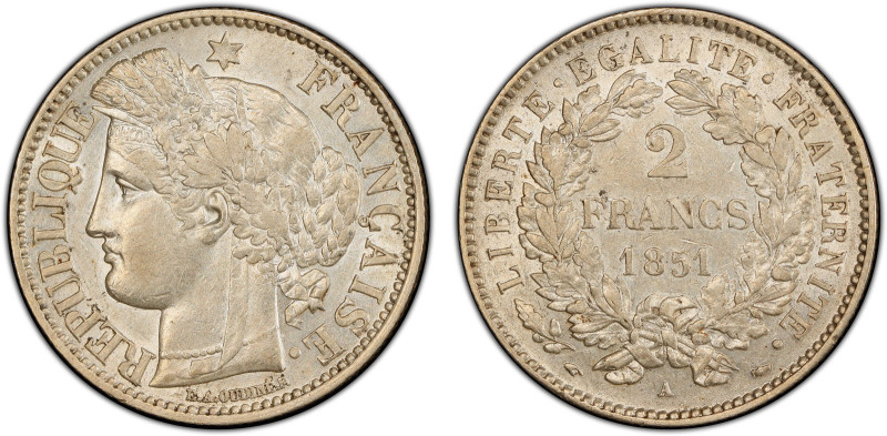 FRANCE: Second Republic, AR 2 francs, 1851-A, KM-760.1, F-261, Gad-522, PCGS gra...