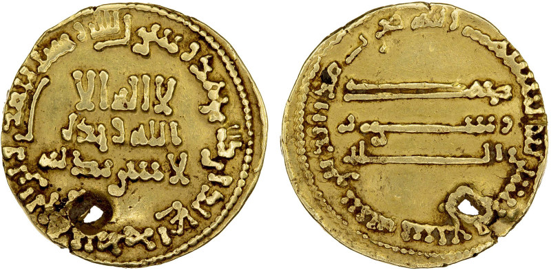 ABBASID: al-Mahdi, 775-785, AV imitative dinar (4.15g), NM, AH"167" or "169", A-...