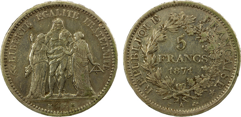 FRANCE: Third Republic, AR 5 francs, 1871-A, KM-823, Gadoury-744, with edge lett...