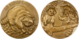 FRANCE: AE medal (237.3g), 1983, 68mm bronze medal of the Raccoon by Monique Riffault for Monnaie de Paris, view of raccoon right with head facing, af...