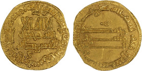 ABBASID: al-Rashid, 786-809, AV dinar (4.02g), NM (Egypt), AH170, A-218.7a, anonymous, with only the letter "M" above the reverse field, scratch on re...