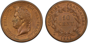 FRENCH COLONIES: Louis Philippe I, 1830-1848, AE 10 centimes, 1843-A, KM-13, Lec-317, an attractive mint-state example with a lustrous orange patina, ...