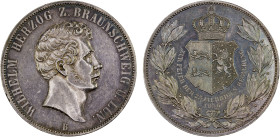 BRUNSWICK-WOLFENBÜTTEL: Wilhelm, 1831-1884, AR 2 thaler, 1856-B, KM-1149, 25th Anniversary of Reign, lightly cleaned, retoning nicely, especially on r...