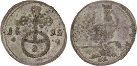 HENNEBERG-ILMENAU: Johann Ernst, 1683-1707, AR dreier (3 pfennig) (0.66g), 1692, KM-7, initials BA, crowned arms with flanking date // Hen right, flan...