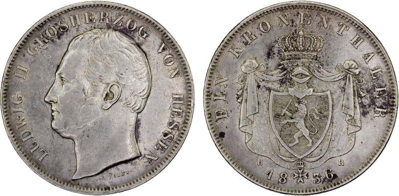 HESSE-DARMSTADT: Ludwig II, 1830-1848, AR thaler, 1836, KM-298, initials HR, som...