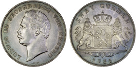 HESSE-DARMSTADT: Ludwig III, 1848-1877, AR 2 gulden, 1856, KM-329, better date, lightly cleaned, bluish tone (with untoned reverse "stripe"), XF, ex A...