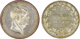 HOHENZOLLERN (UNDER PRUSSIA): Friedrich Wilhelm IV, 1849-1861, AR 1/2 gulden, 1852-A, KM-4, very slightly grainy surfaces, one-year type, in red lucit...