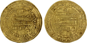 ABBASID: al-Muqtadir, 908-932, AV dinar (3.38g), Qumm, AH304, A-245.2, Dauwe-33.Aa, Bernardi-242Mn, twice pierced and plugged; very rare date for al-M...