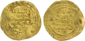 ABBASID: al-Muqtadir, 908-932, AV dinar (3.95g), Qumm, AH311, A-245.2, Dauwe-42.Aa1, Bernardi-242Mn, possibly removed from a mount or other light atta...