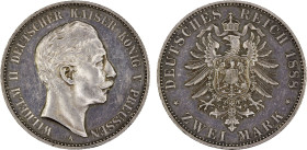 PRUSSIA: Wilhelm II, 1888-1918, AR 2 mark, 1888-A, KM-511. Y-120, lightly cleaned, semi-prooflike, retoning nicely, one-year type, Choice XF, ex Almer...