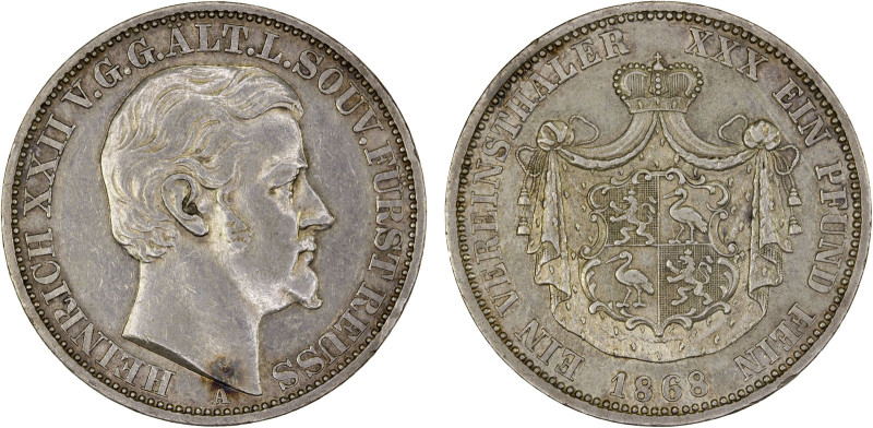 REUSS-OBERGREIZ: Heinrich XXII, 1859-1902, AR thaler, 1868, KM-110. Cr-60, tonin...