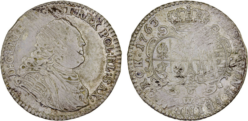 SAXONY: Friedrich August II, 1733-1763, AR 1/6 thaler, 1763, KM-950. Cr-25, init...