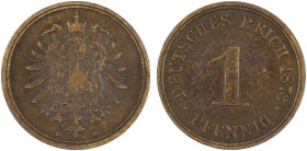 GERMANY: Kaiserreich, AE pfennig, 1873-D, KM-1, key date/mintmark, F-VF, ex Almer H. Orr III Collection.

Estimate: USD 140 - 240