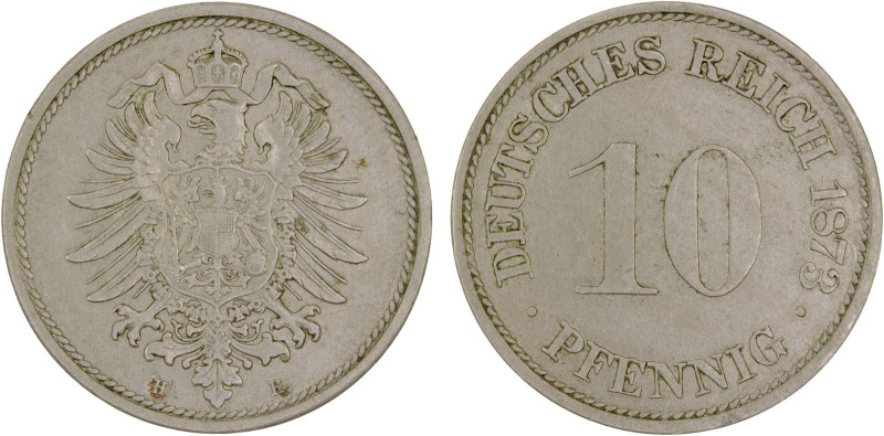 GERMANY: Kaiserreich, 10 pfennig, 1873-H, KM-4, key date/mintmark, VF, ex Almer ...