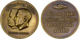 GERMANY: Third Reich, AE medal (19.00g), 1933, Colbert & Hyder-33, 36mm unsigned bronze medal of Hindenburg and Hitler, conjoined busts left with "hin...