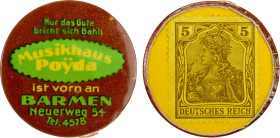 GERMANY: 5 pfennig encased postage (0.50g), ND (ca. 1920), 32mm encased postage stamp, Musikhaus Poÿda, Barmen, with celluloid case, brown Germania st...