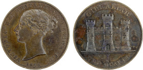 GIBRALTAR: Victoria, 1837-1901, AE 2 quarts, 1842/1, KM-3, mottled reverse toning, bold overdate, XF.

Estimate: USD 120 - 160