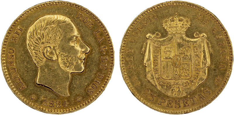 SPAIN: Alfonso XII, 1874-1885, AV 25 pesetas, 1884 (84), KM-687, Cal-19, assayer...