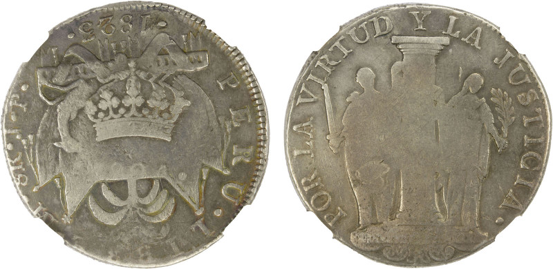 PERU: Royalist Countermarks, AR 8 reales, 1824, KM-130, assayer JP, royalist cou...