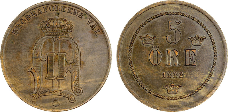 SWEDEN: Oscar II, 1872-1907, AE 5 öre, 1882/1, KM-736, bold overdate, very rare ...