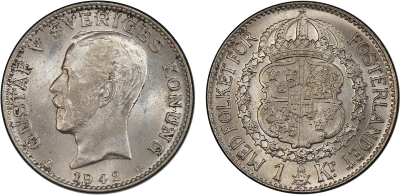 SWEDEN: Gustav V, 1907-1950, AR krona, 1942-G, KM-786.2, scarce WWII issue, PCGS...