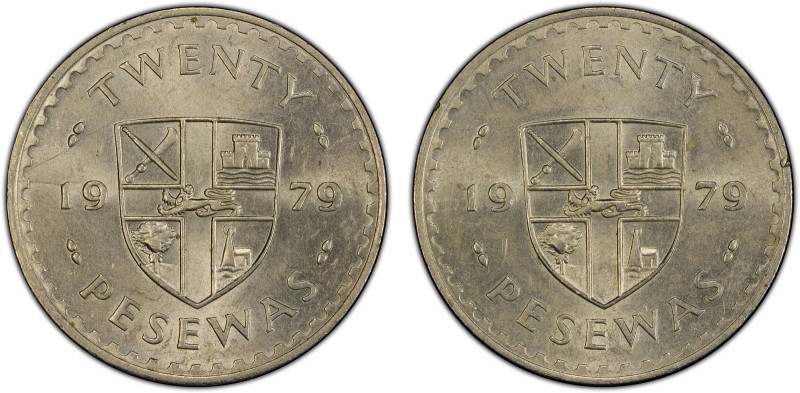 GHANA: Republic, 20 pesewas, 1979, KM-17 var, pattern or trial strike of two rev...