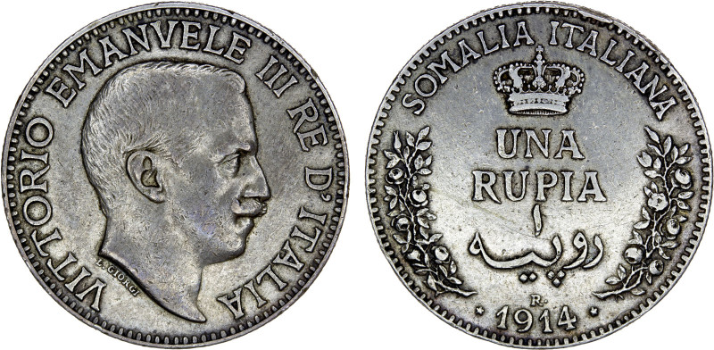 ITALIAN SOMALILAND: Vittorio Emanuele III, 1900-1941, AR rupia, 1914-R, KM-6, li...